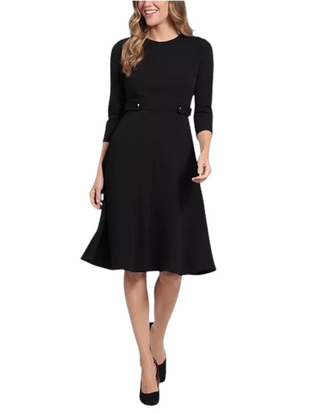 London Times Black Midi Dress with Button Tab Details